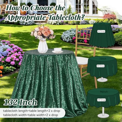 Emerald Green Round Sequin Tablecloth - 132 Inch Glitter Wedding & Party Decor