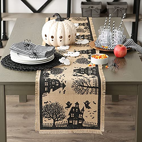 Halloween Primitive Burlap Table Runner - Spooky Haunted House Decor 14x113 - Black & Tan