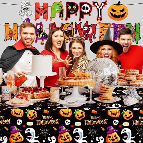 Halloween Disposable Plastic Tablecloths with Banner - 2 Pack, 54x108 Inch, Black & Orange