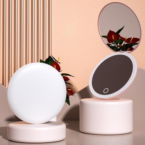 MONKEY SUN LED Mini Makeup Mirror, Compact Folding Travel Mirror with Touch Control, Round, White, 3.5 inch