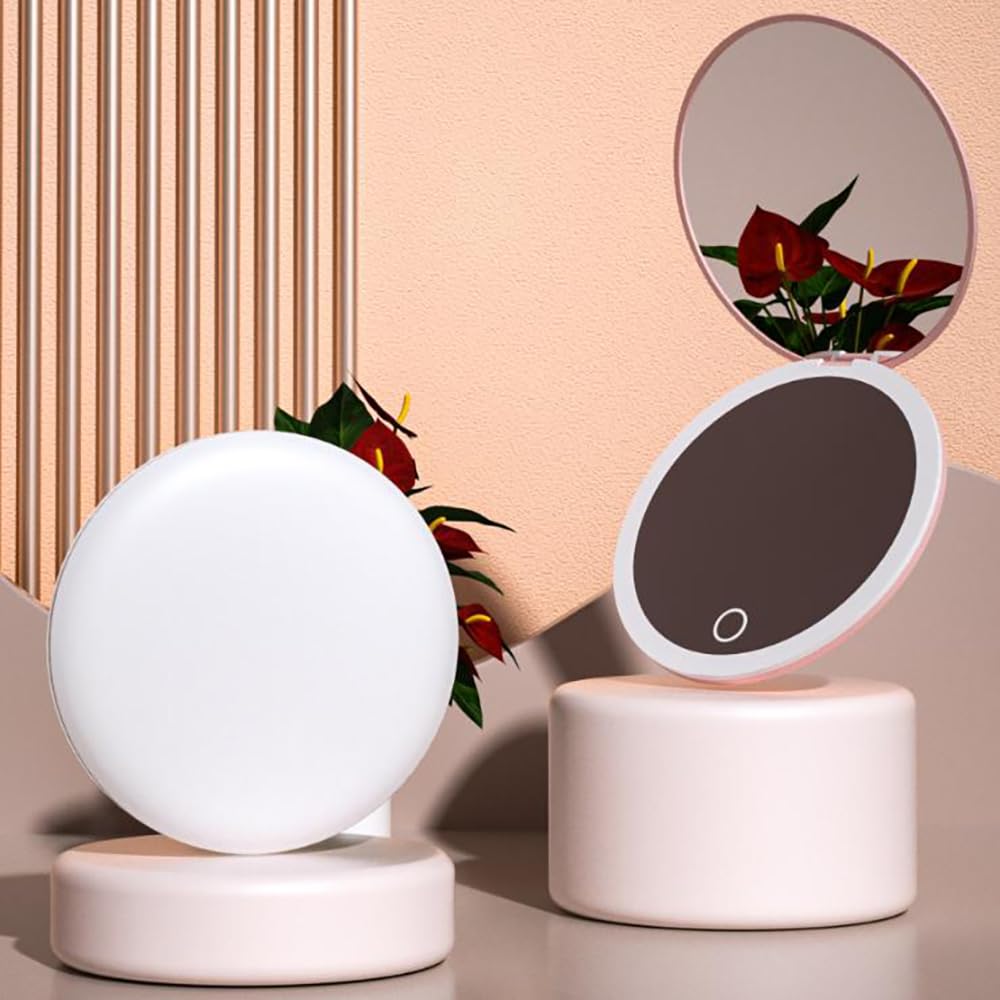 Yousonew LED Mini Makeup Mirror, 1X/2X Magnification, Mini Compact with Light, Pink/White (Pink, 3.5)