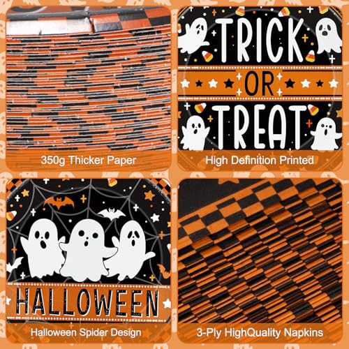 Halloween Ghost Party Plates & Napkins Set - Black & Orange, 150 Pcs