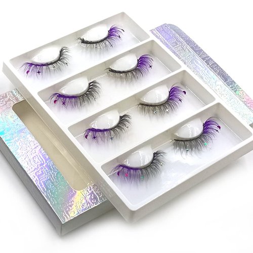 FQNing Glitter Eyelashes Sequins Moon Star Rhinestone Purple Color Lash Wispy 4 pairs for Ball, Dance, Party, Games (Purple Moon&Star)