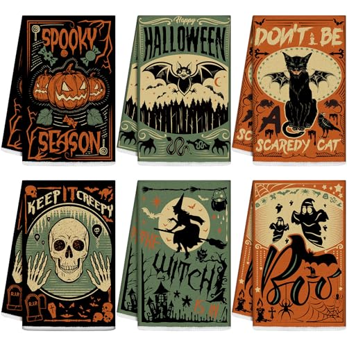 Halloween Kitchen Hand Towels Set - Pumpkin Cat Bat Boo Novelty, 6 Pcs, Novel