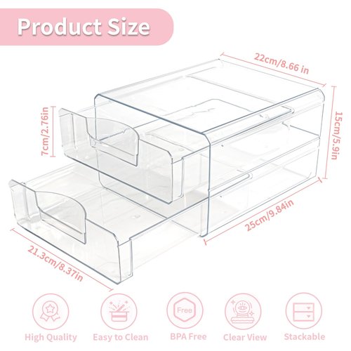 Clear Stackable Storage Drawers,Acrylic Makeup Drawer Organizer with 2 Drawers,Stackable Storage Bins for Skincare,Cosmetics,Beauty Supplies,for Vanity,Bathroom,Kitchen Countertop,Pantry Organization