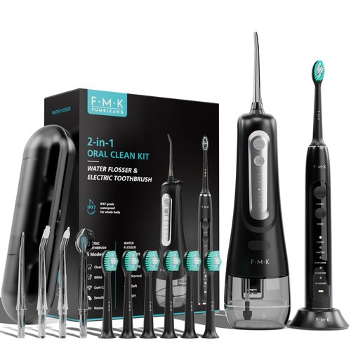 FUMEIKANG Water Flosser & Electric Toothbrush for Adults Oral Irrigator & Sonic Toothbrush 2-1 Oral Clean Kit (Black)