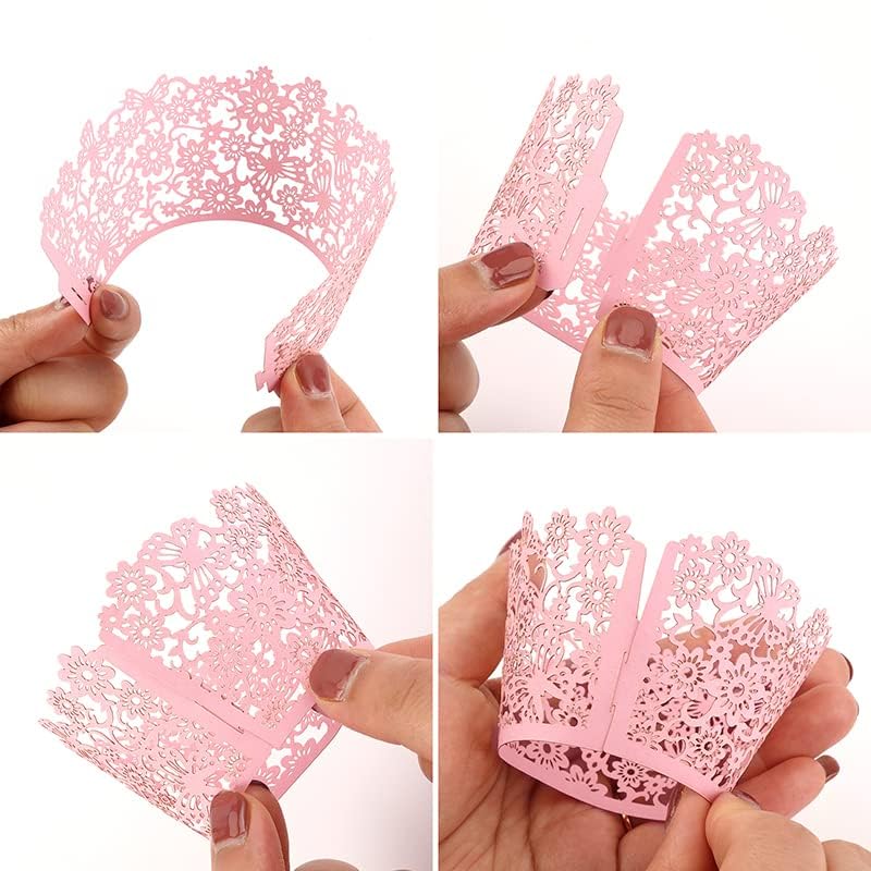 Pink Cupcake Wrappers 50Pcs Lace Laser Cut Cake Paper Wraps for Wedding Party