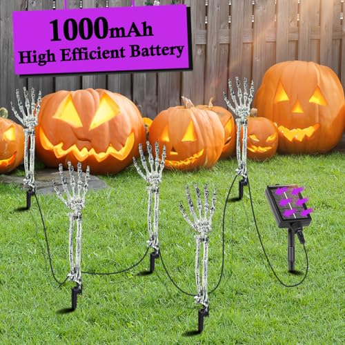 5-Pack Outdoor Halloween Skeleton Arm Stakes with Green & Purple LEDs - Solar Lighted Decor