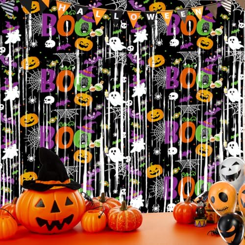Halloween Foil Fringe Curtains - 2 Pack Black, Orange, Purple Tinsel Party Decorations