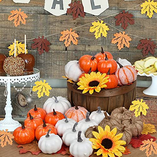 Artificial Fall Pumpkins and Maple Leaves Home Decor Set - Harvest Thanksgiving Autumn Decorations