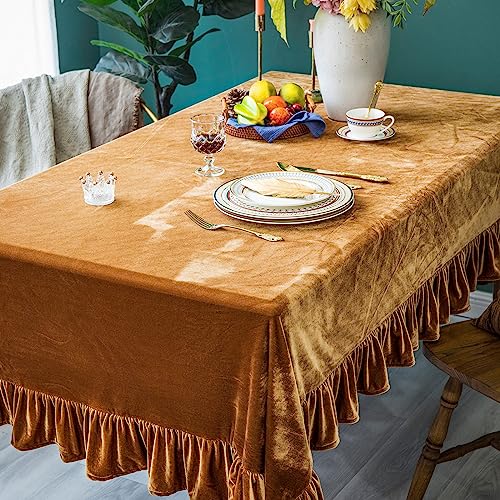 70x52 Inch Velvet Rectangular Tablecloth with Ruffle - Golden Camel