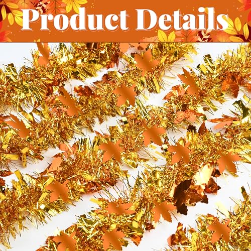 Gold Thanksgiving Tinsel Garland 66Ft Glitter Maple Leaf Decor for Autumn & Holiday Parties