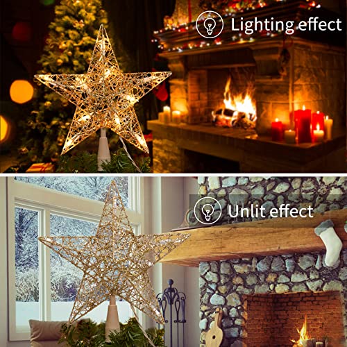 Gold Star Christmas Tree Topper with 10 LED Bulbs - 9 Inch Twined Metal Holiday Decoration - Plug-in