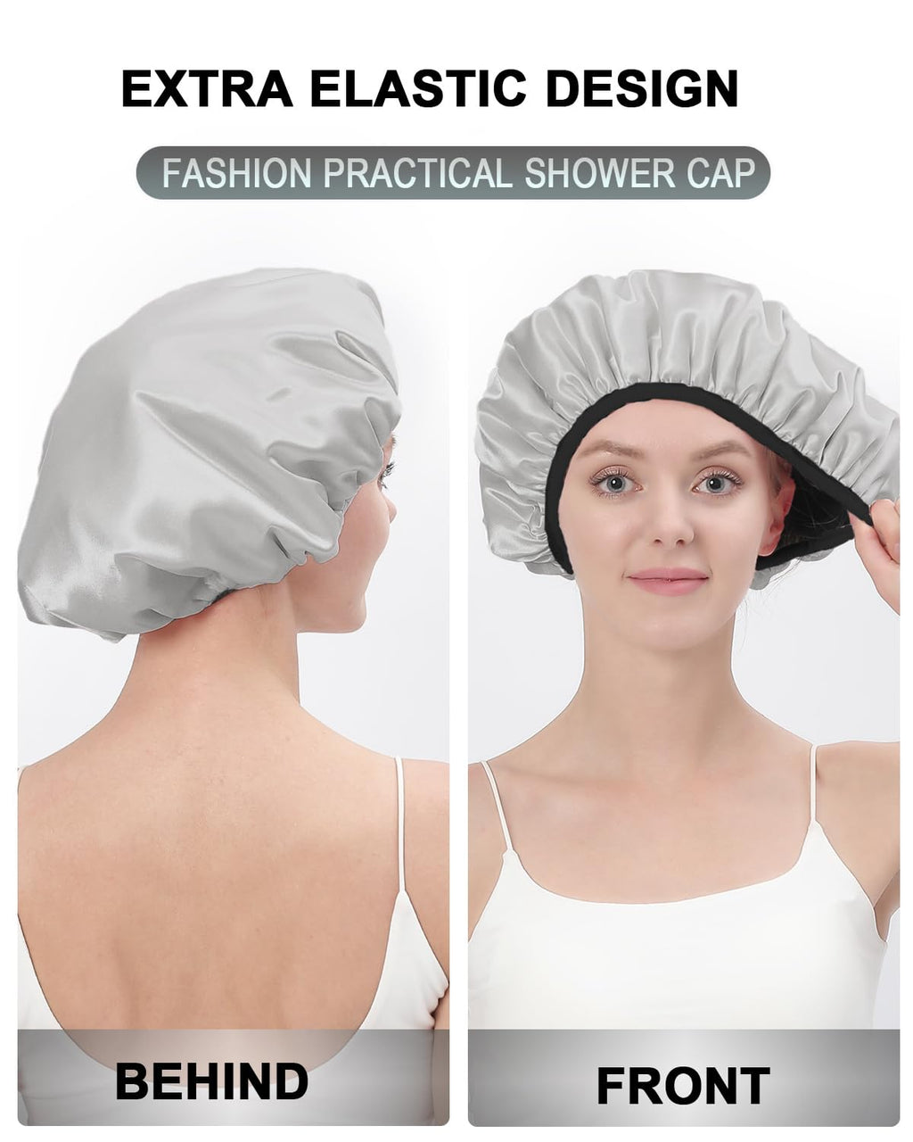 YIZIJIZI Triple Layer Reusable Waterproof Shower Cap for Women Large Terry Lined Hair Cap for Long Thick Hair Travel Bath Care Grey