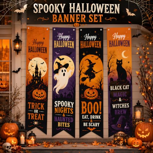 Halloween Decorations - 4 Pack Vertical Hanging Banners in Orange, Black & Purple - Spooky Party Decor