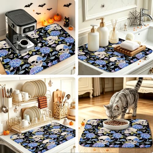 Halloween Skull & Floral Dish Drying Mat 18x24 Inch Kitchen Counter Protector
