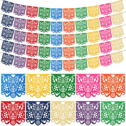Dia De Los Muertos Decorations 10 Sets - Multicolor Felt Papel Picado Banner, 40 Feet