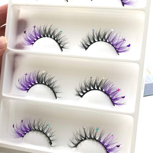 FQNing Glitter Eyelashes Sequins Moon Star Rhinestone Purple Color Lash Wispy 4 pairs for Ball, Dance, Party, Games (Purple Moon&Star)