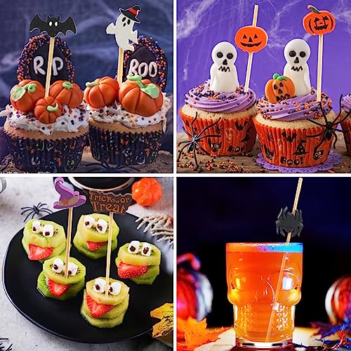 Halloween Cocktail Picks - Colorful Bat Ghost Pumpkin Spider Hat Drink Topper Set 140pcs