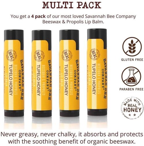 Savannah Bee Company Beeswax Lip Balm - Natural Tupelo Honey, 0.15 Ounce | Pack of 4