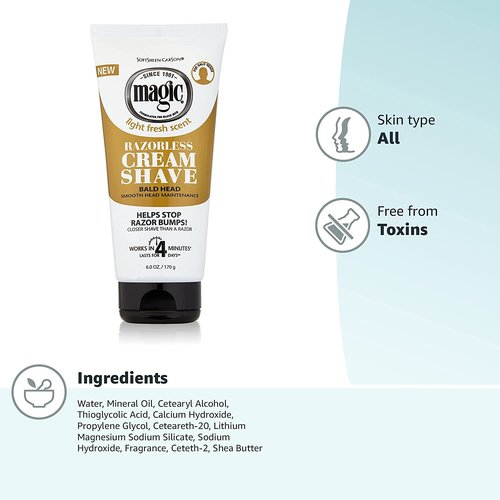 Magic Razorless Cream Shave Bald Head 6 Ounce Tube (177ml) (6 Pack)