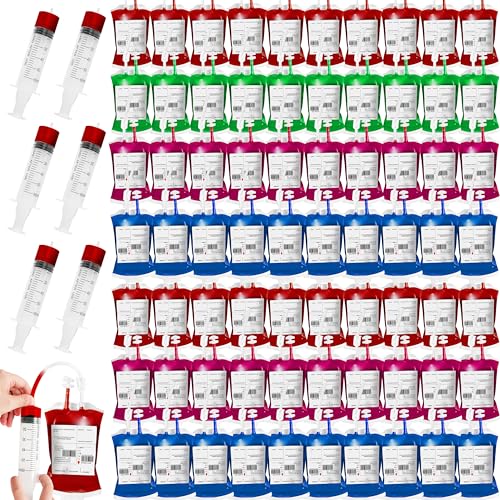 Halloween Blood Bags Drink Set - 100 Bags Labels Clips Syringes, 300ml Reusable Pouches