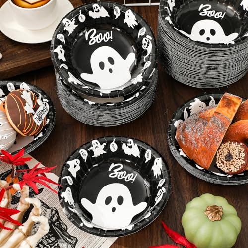 Halloween Ghost Paper Bowls - Black and White Disposable 12oz 100 Pack