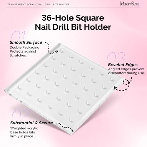 MelodySusie Nail Drill Bits Holder with 36 Holes, Visible Sturdy and Compatible with 3/32" Acrylic Drill Bit Organizer and Storage for Salon & Home, Square（not include bits）