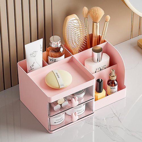Makeup Storage Organizer with 2 Drawers, Desk Vanity Countertop Skin Care Cosmetic Display Case Make up Stands for Hair Accessories Lipstick Lotions Beauty Skincare Organizing (Pink)
