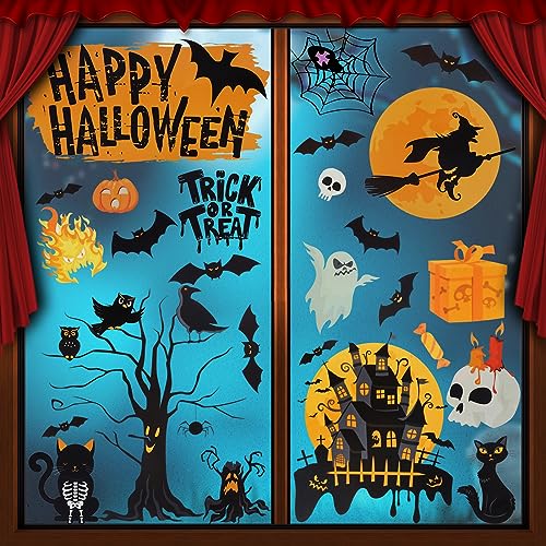 Halloween Window Clings 6 Sheets - Colorful Ghost Spider Witch Haunted House Decorations