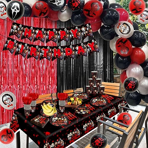 Halloween Birthday Party Decorations Kit - Banner, Tablecloth, Foil Curtains, Plates, Balloons & More