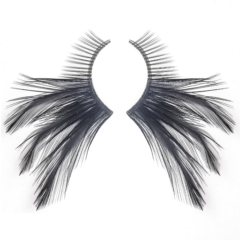 Black Cat Eye Gothic False Lashes - Matte Black Feather Petal Design, Reusable for Halloween & Gothic Looks - Variation: Black