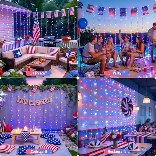 JMEXSUSS 300 LED Curtain Lights for 4th of July - Red White & Blue, 9.8x9.8ft, Outdoor Indoor Decor with Remote