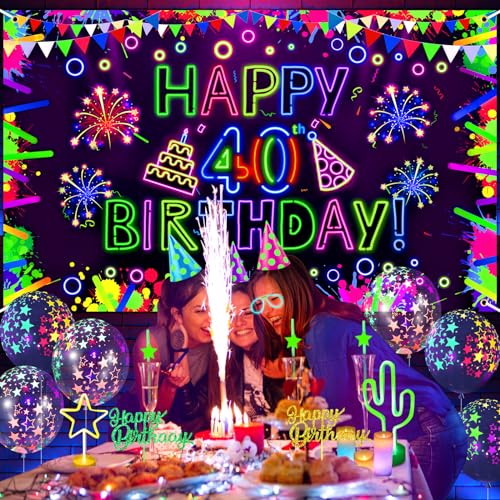Neon 40th Birthday Banner - Glow in The Dark Party Decorations with UV Blacklight