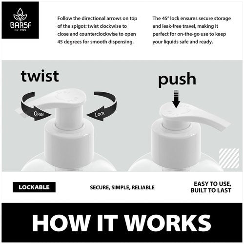 Bar5F Plastic Bottles with Pump Dispenser, 12 oz | Leak Proof, Empty, Clear Refillable, BPA Free for Body Wash, Moisturizer, Face Cream, Liquid Soap | Black & White Pumping Caps | Set of 2