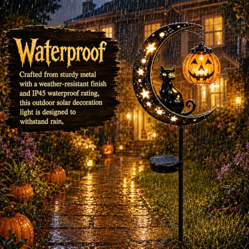 Solar Halloween Black Cat & Pumpkin Garden Stake Light Outdoor Decor