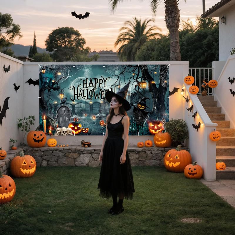 Halloween Garage Door Cover Banner 18x7ft Spooky Graveyard Backdrop - Outdoor Holiday Decoration - Variation of THIS listing