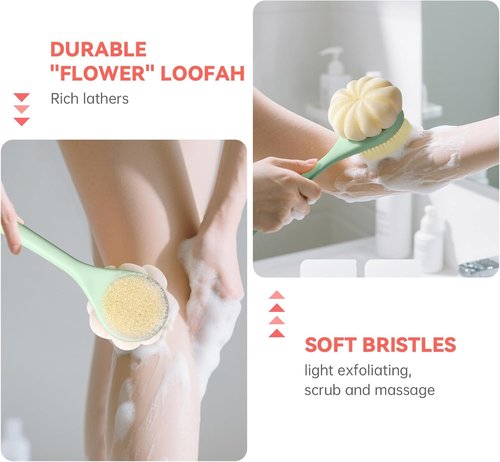 CYMPHW Back Scrubber for Shower, 15.7" Loofah with Handle, Back Shower Brush with Bristles and Loofah, Dry Brushing Body Brush for Cleanse Back and Hard to Reach Areas with Curved Long Handle