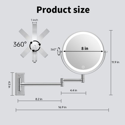 LANSI 1X/20X Wall Mounted Makeup Mirror with Lights, 8" Double Sided Bathroom Magnifying Mirror with 360° Extension Arm, Dimmable, Rechargeable, Touch Control, Chrome