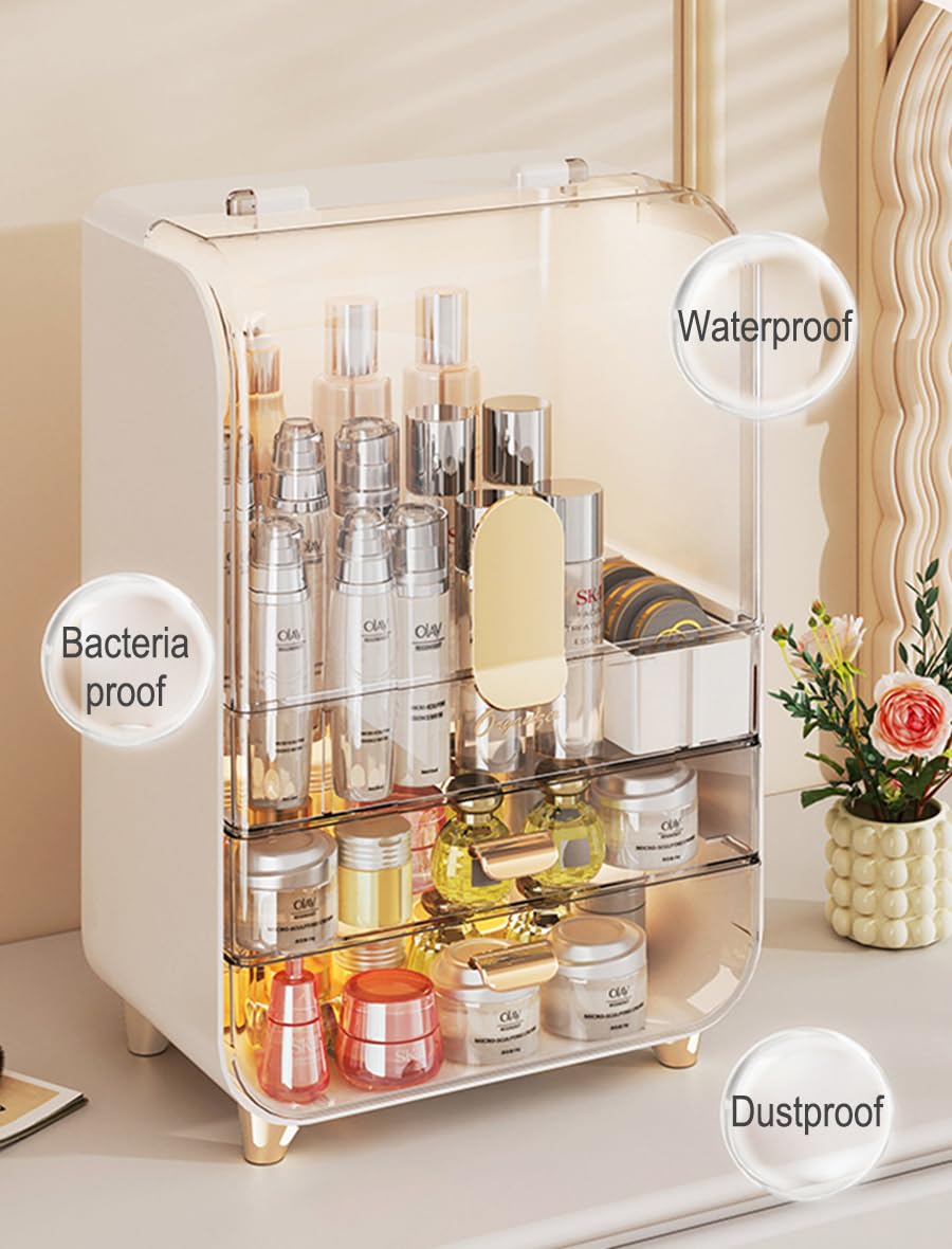 Wi4you Makeup Organizer for Vanity, Large Capacity Cosmetic Organizer Trendy Stuff, Clear Cosmetic Display Case with Flip-top Lid and 2-Tier Drawer for Bathroom Countertop, Bedroom Dresser (White)