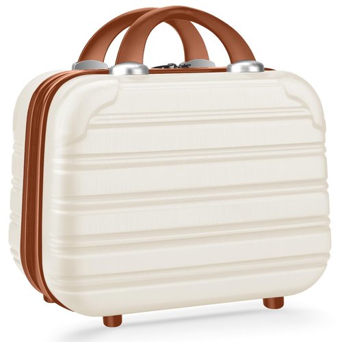 JZRTravel 14 inch Hard Shell Makeup Train Case Portable PC ABS Mini Suitcase for Organizer Cosmetics Makeup Brushes Toiletry Beige
