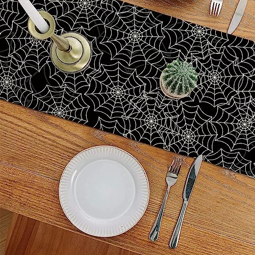 Halloween Spider Web Table Runner 13 x 72 Inch Black Linen Seasonal Decor