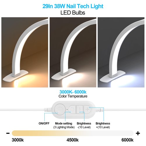Kadden Foldable Large Half Moon LED Light,29" Arch Light for Table Nail Desk with Phone Stand, Upgrade Arch Light for Nail Techs with Wire Controller for Manicure Tattoo Beauty (White, Large)