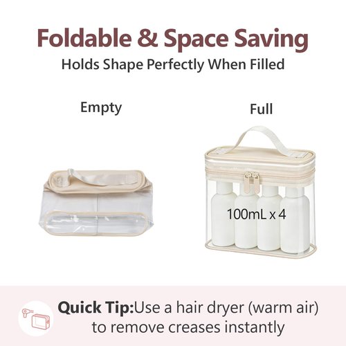 PACKISM TSA Approved Toiletry Bag 2 Pack - Quart Size Clear Makeup Bag with Handle & Dual Metal Zippers, Large Opening 3-1-1 Airline Compliant Security Travel Organizer for Carry On Liquids, Beige