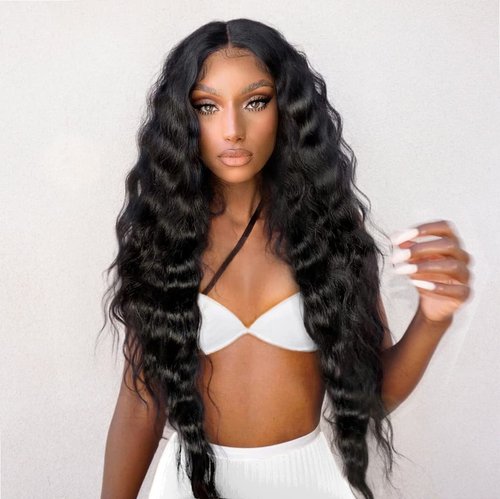 MITIMES 30inch HD Crimp Curly Lace Front Wig for Black Women Pre Plucked Human Hair Blended Synthetic Butter Loose Deep Wave Lace Frontal Curly Wigs(30Inch, Black)