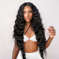MITIMES 30inch HD Crimp Curly Lace Front Wig for Black Women Pre Plucked Human Hair Blended Synthetic Butter Loose Deep Wave Lace Frontal Curly Wigs(30Inch, Black)