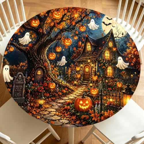 Halloween Pumpkin Round Fitted Tablecloth with Elastic 40-44 Inch - Black
