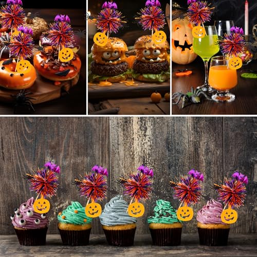 Halloween Firework Cupcake Toppers - 24 Pcs Spooky Pumpkin Bat Spider Decorations