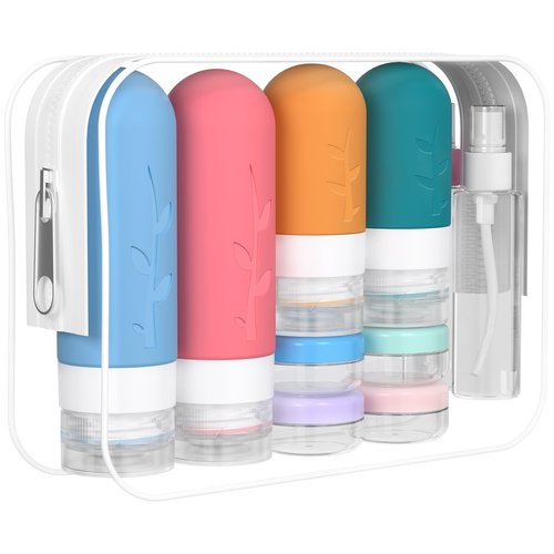 DEPOZA Travel Bottles Kit (16 Pack) - TSA Approved, Leak Proof Silicone Squeezable Containers for Toiletries. Complete Set with Jars, Sprayers & Bag (Coastal Hues)