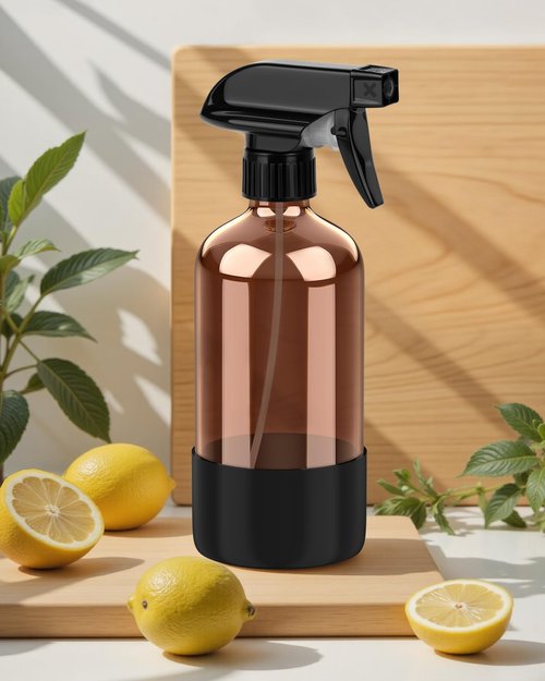 Bontip Amber Glass Spray Bottle - 16 oz Refillable with Silicone Sleeve for Cleaning & Aromatherapy (Black)